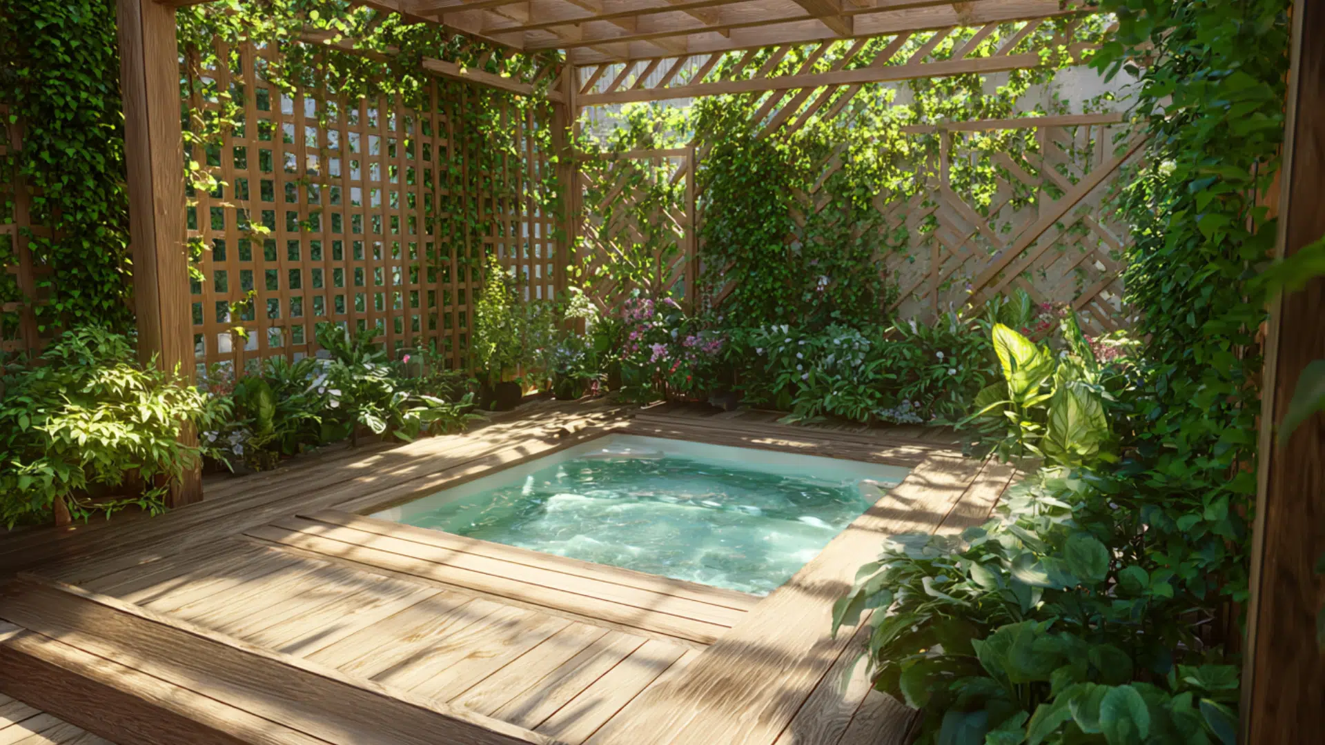 Wood trellis with climbing vines forming a green screen beside a hot tub deck.