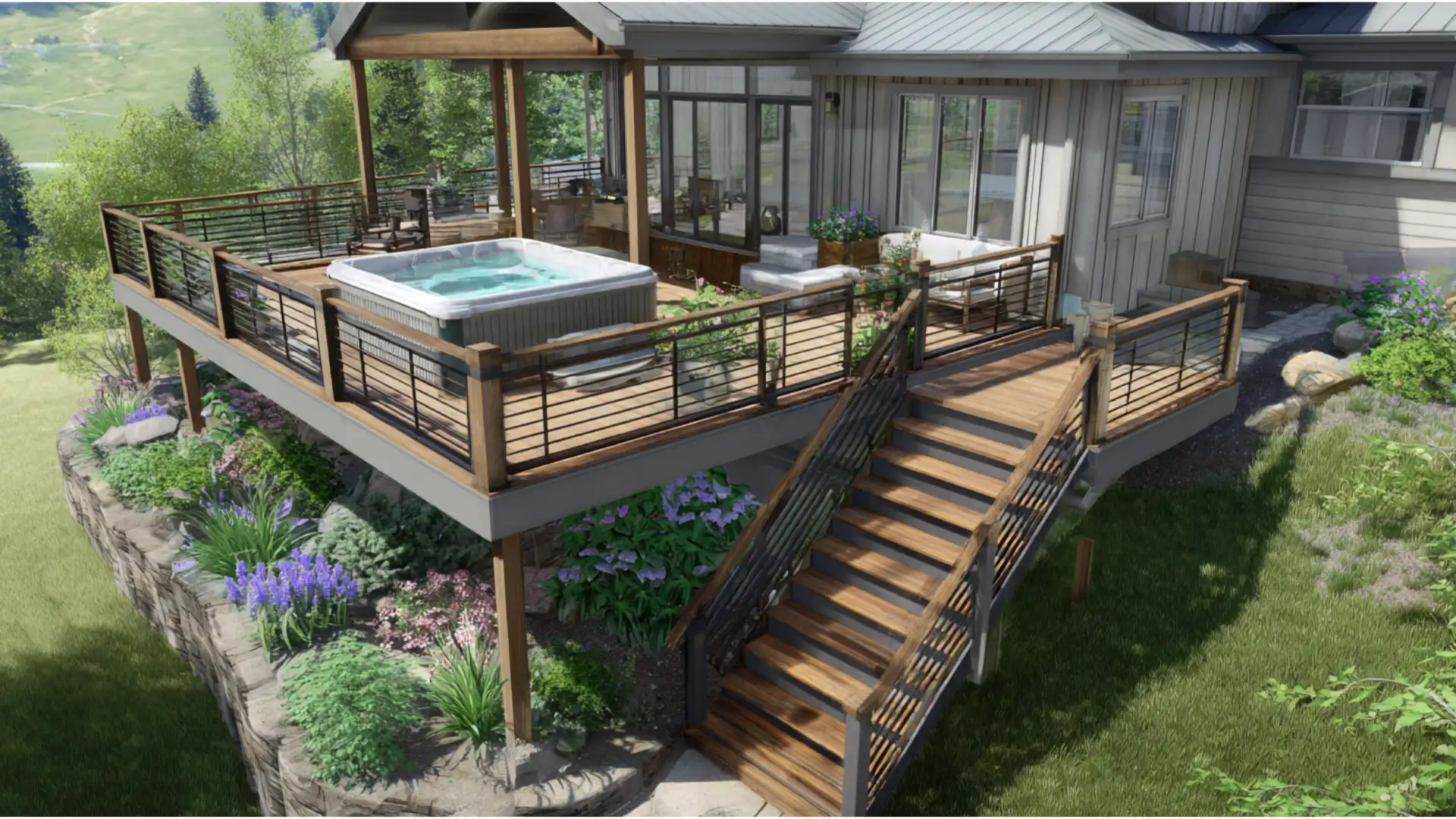 Wraparound hot tub deck following a sloped yard with layered views and railing.