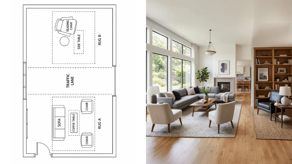 _Zoned living room layout with seating area and reading corner