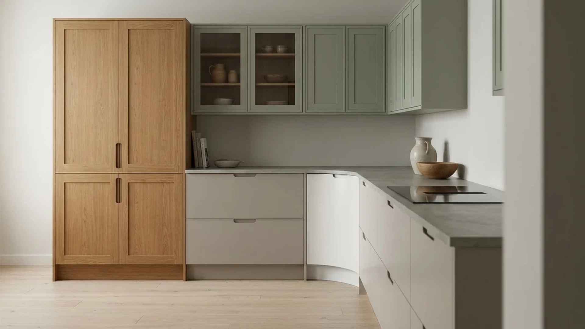 Subtle modern kitchen scene showing different cabinet styles and materials in soft lighting, no people, no text subtlelook