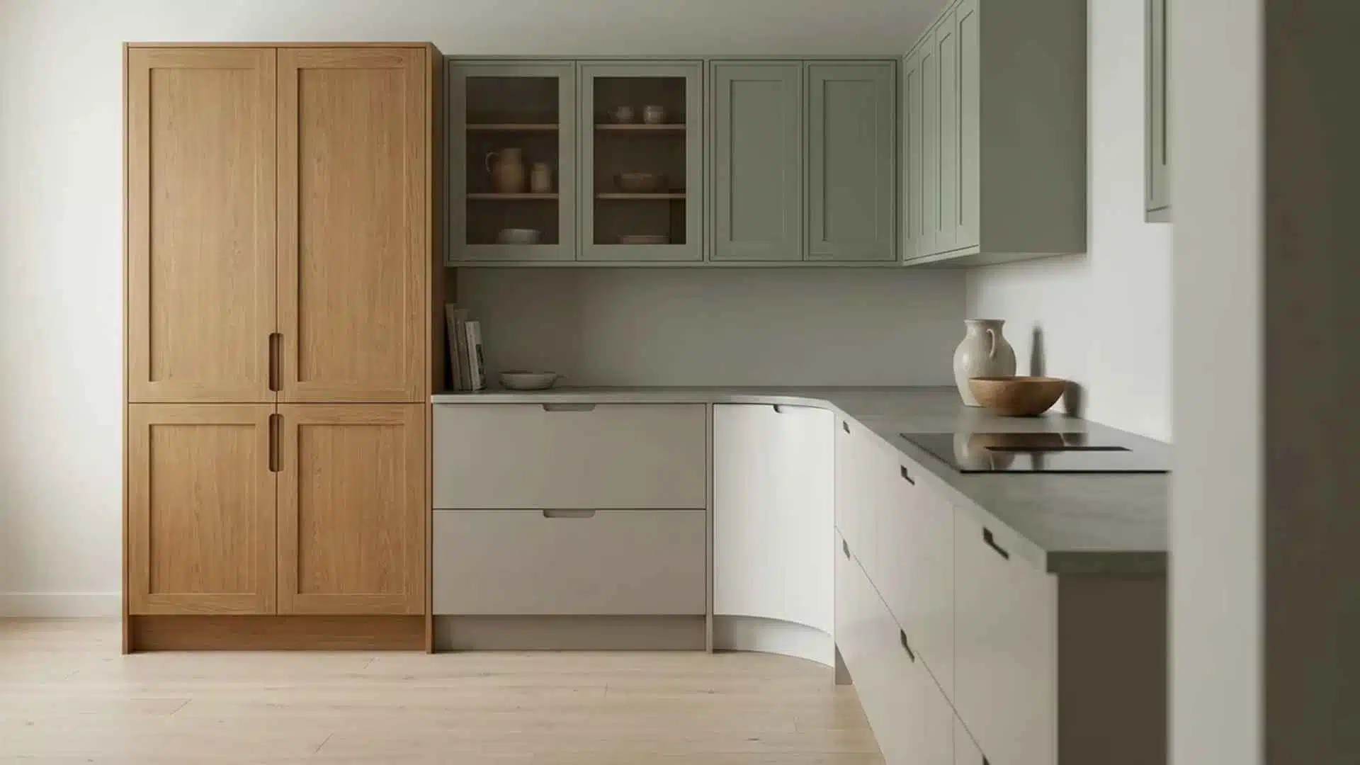 Subtle modern kitchen scene showing different cabinet styles and materials in soft lighting, no people, no text subtlelook