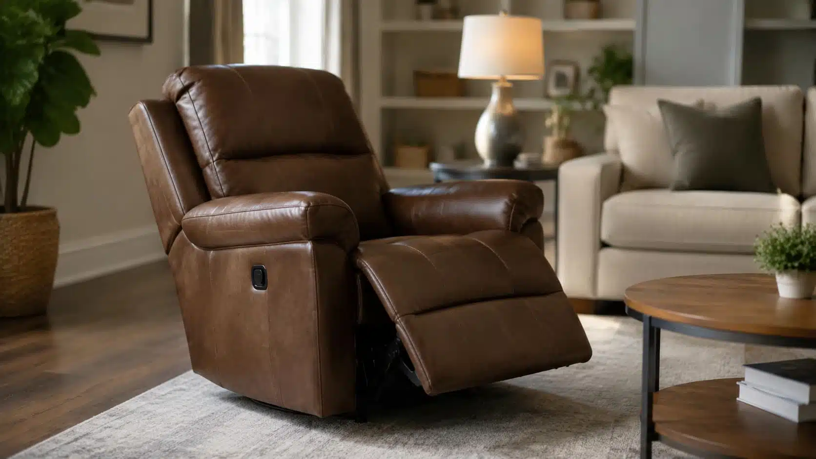 Brown leather power recliner in modern living room with extended footrest and side control panelview.