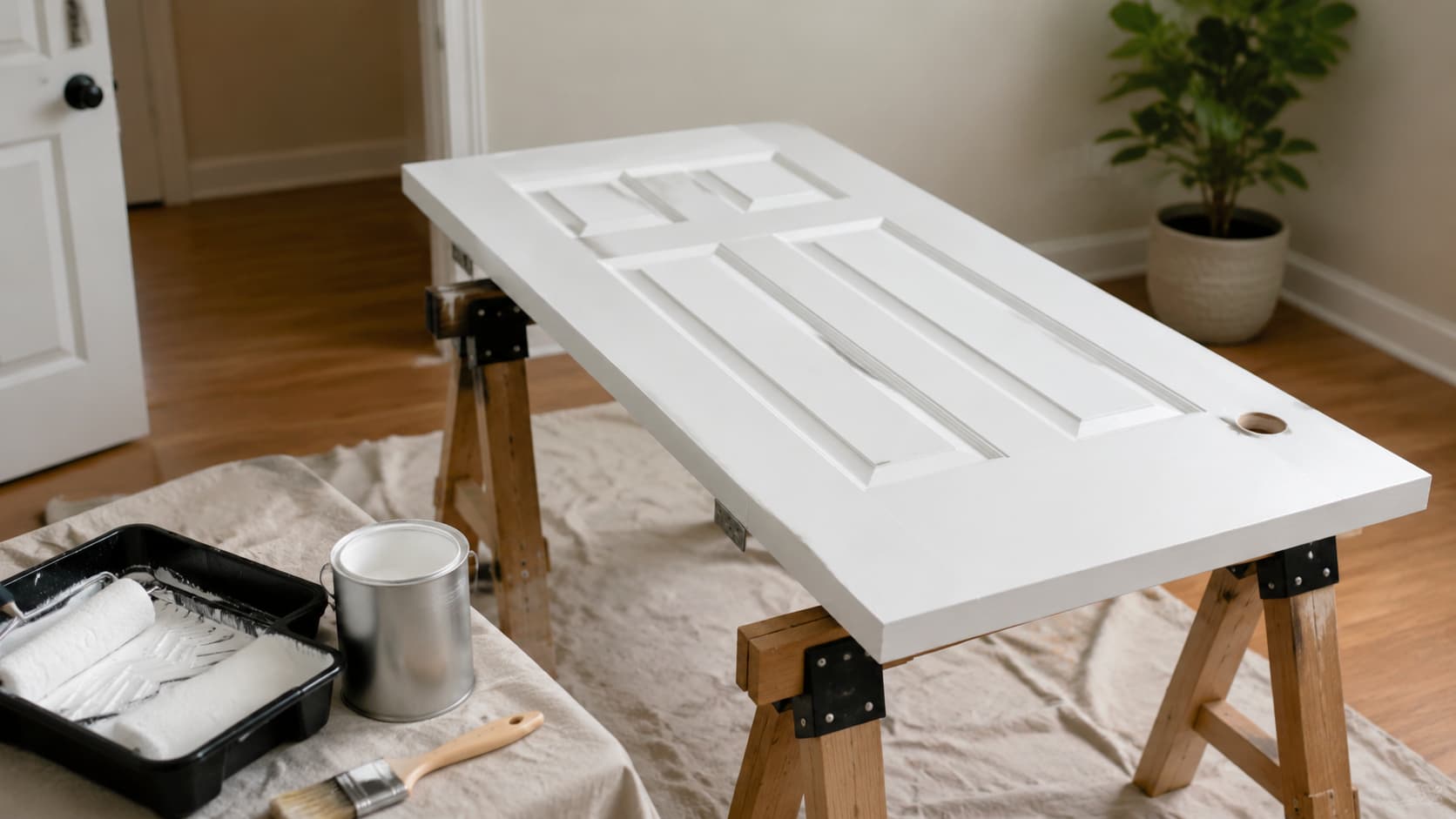 White interior door on sawhorses with paint tools in a bright room, ready for DIY painting project.