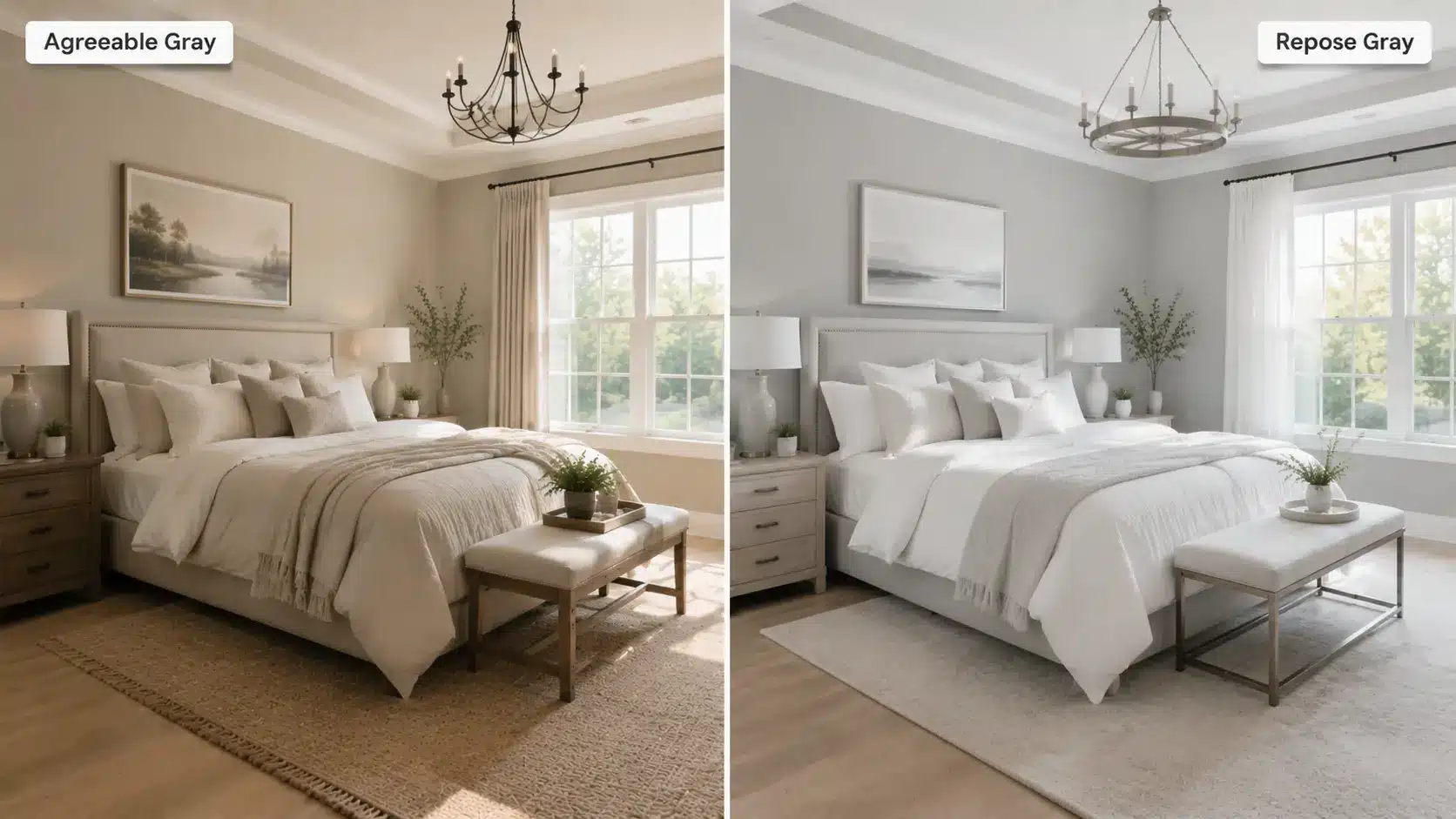 Bedroom walls compared side by side in Agreeable Gray and Repose Gray with matching furniture