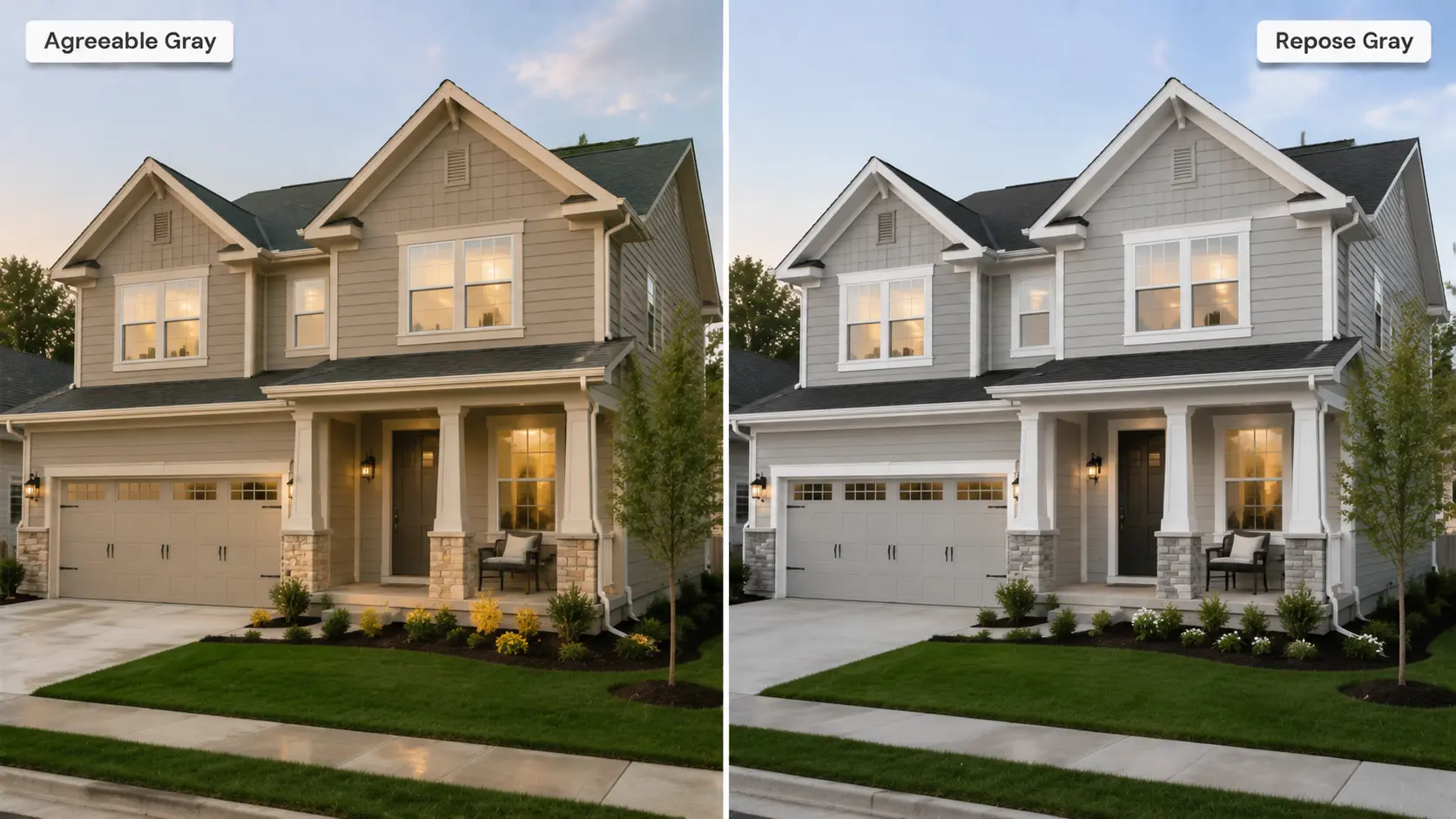 House exterior siding compared in Agreeable Gray and Repose Gray paint