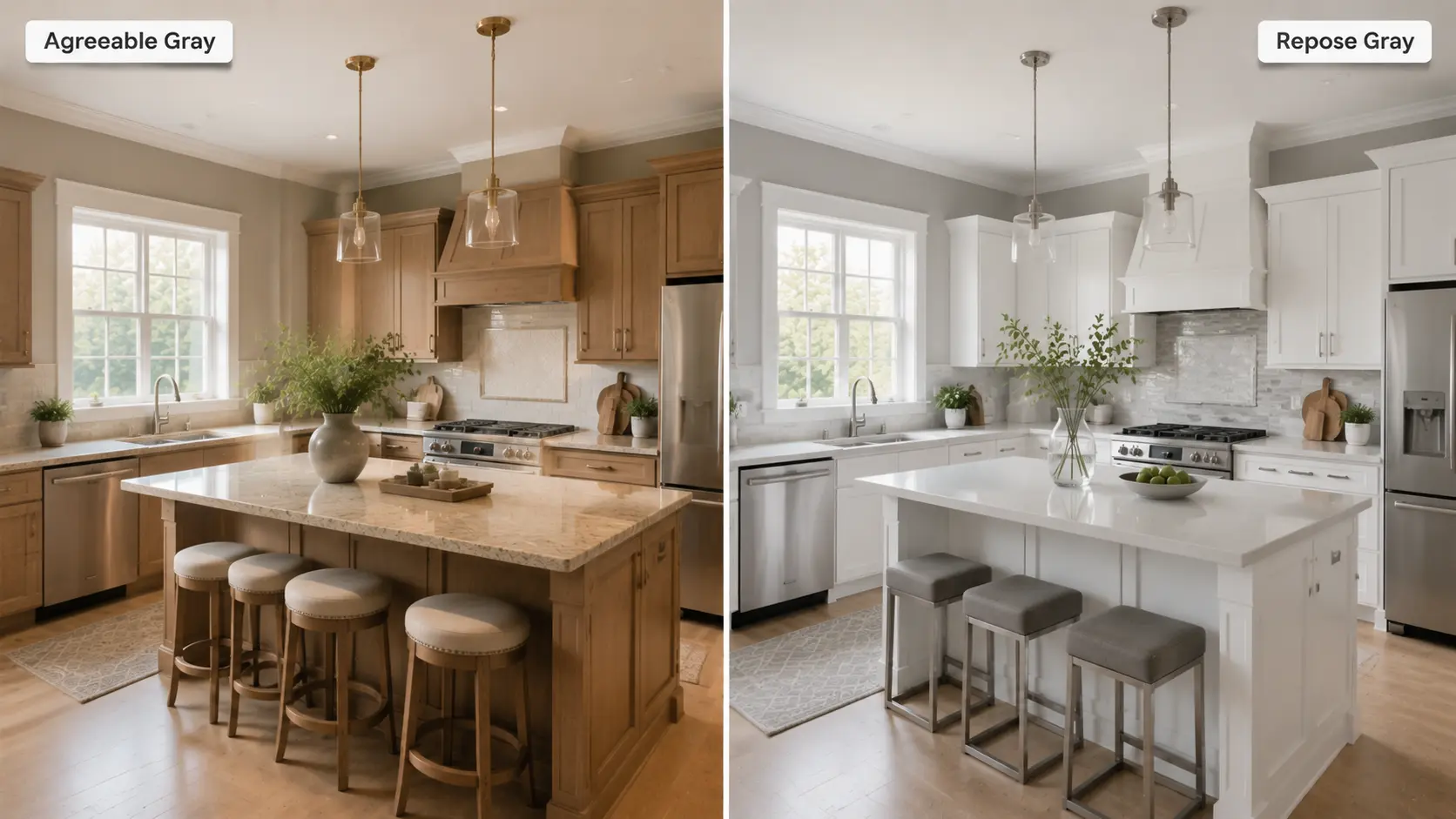 Kitchen cabinets and walls compared in Agreeable Gray versus Repose Gray