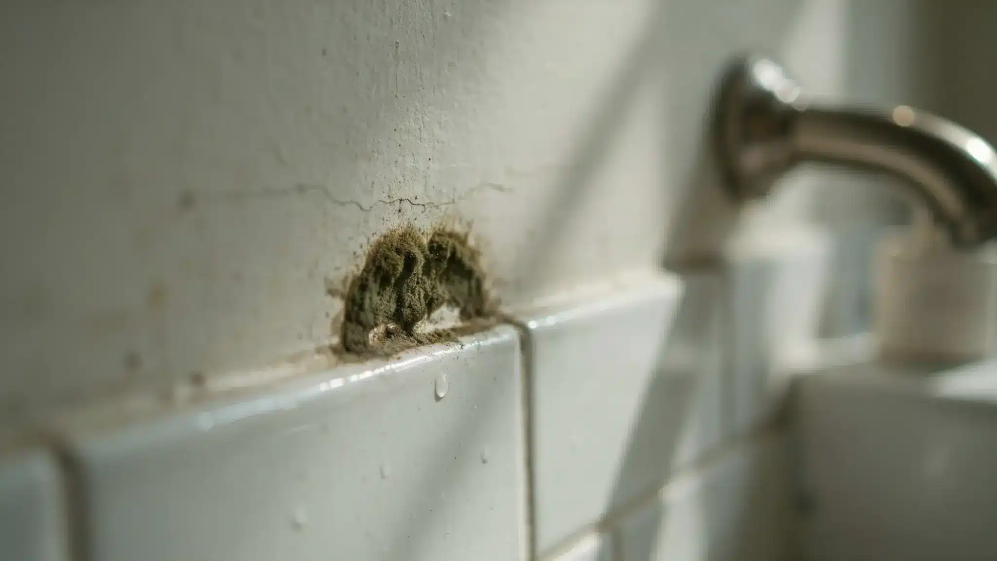 Black mold growing along bathroom tile grout near a bathtub faucet with visible moisture damage and stained caulk.