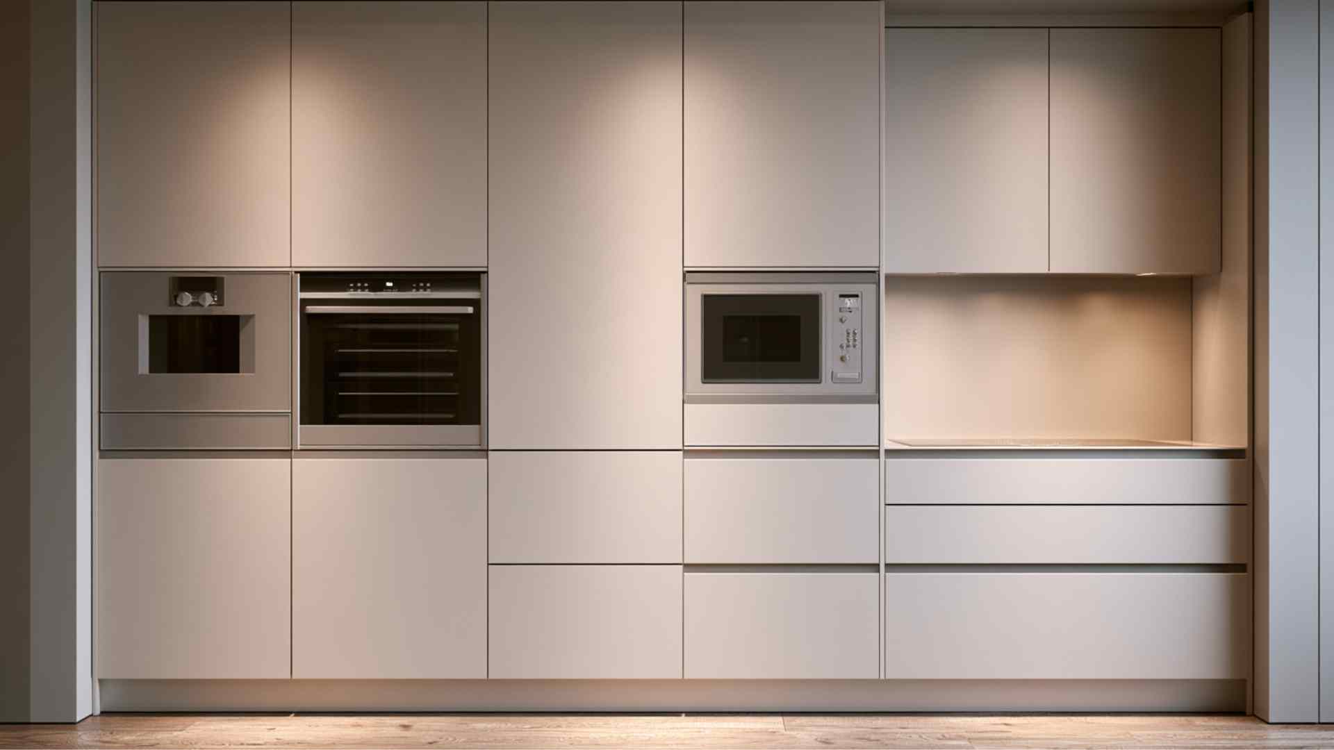 Built-in appliance cabinets with oven and microwave seamlessly integrated into modern kitchen cabinetry design