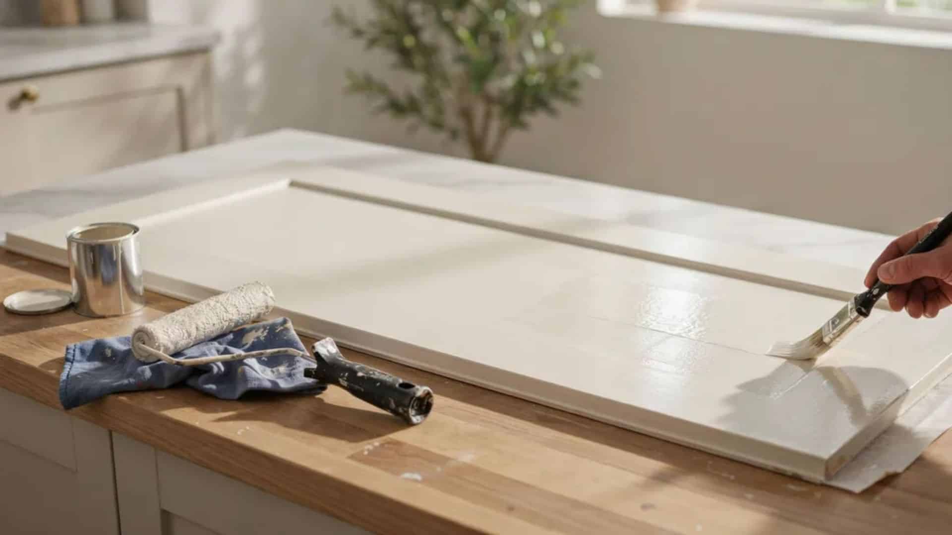 Hand brushing enamel paint along wood edge creating smooth glossy finish in modern indoor home workspace