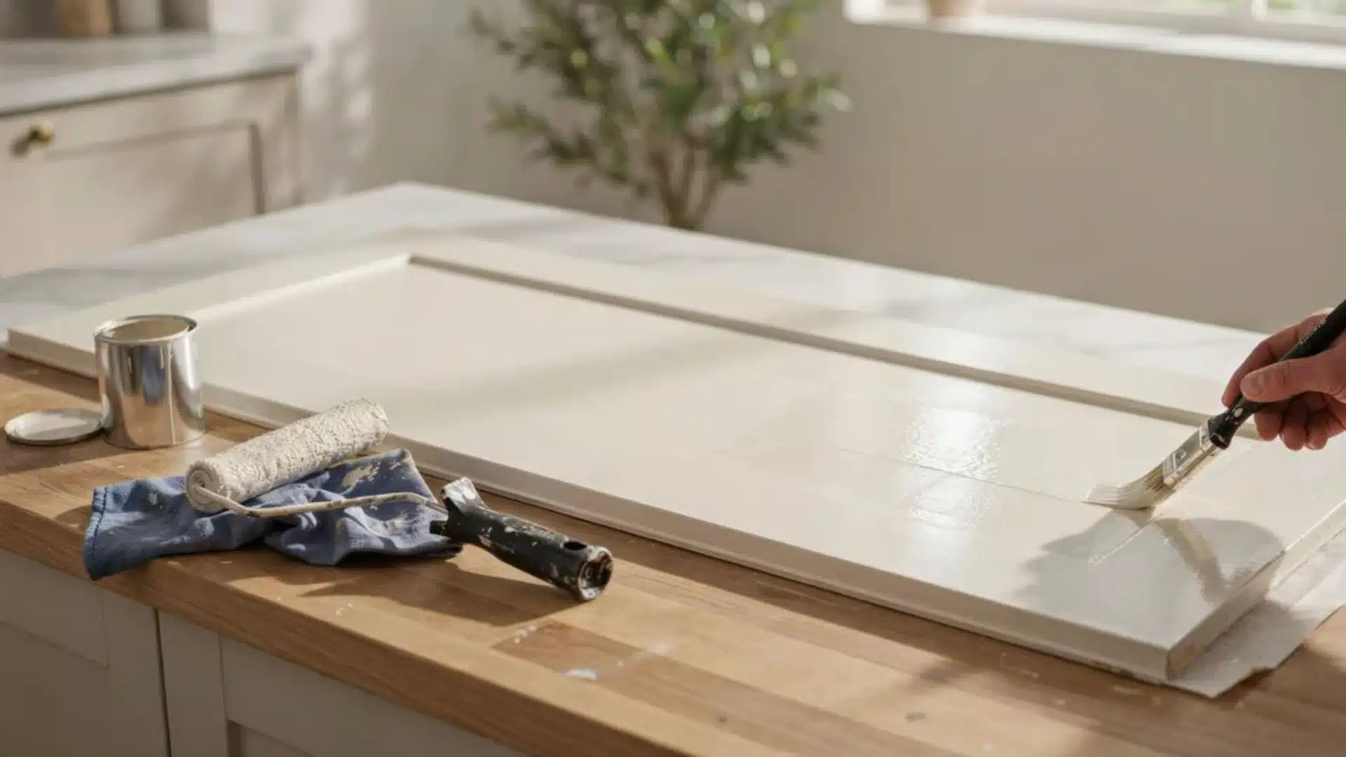 Hand brushing enamel paint along wood edge creating smooth glossy finish in modern indoor home workspace