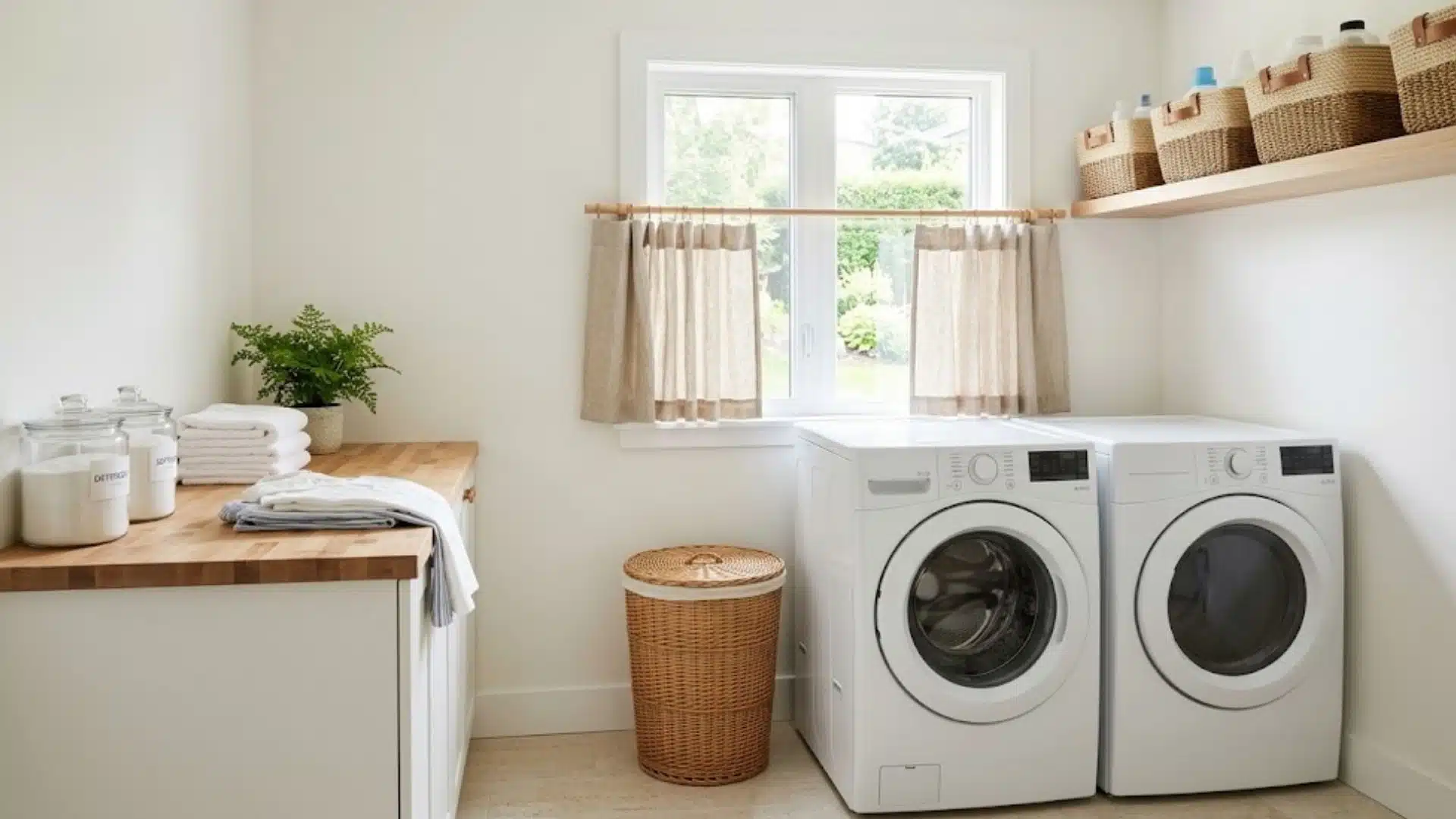 Beige linen apron curtains on a wooden rod above a washer and dryer in a clean white laundry room