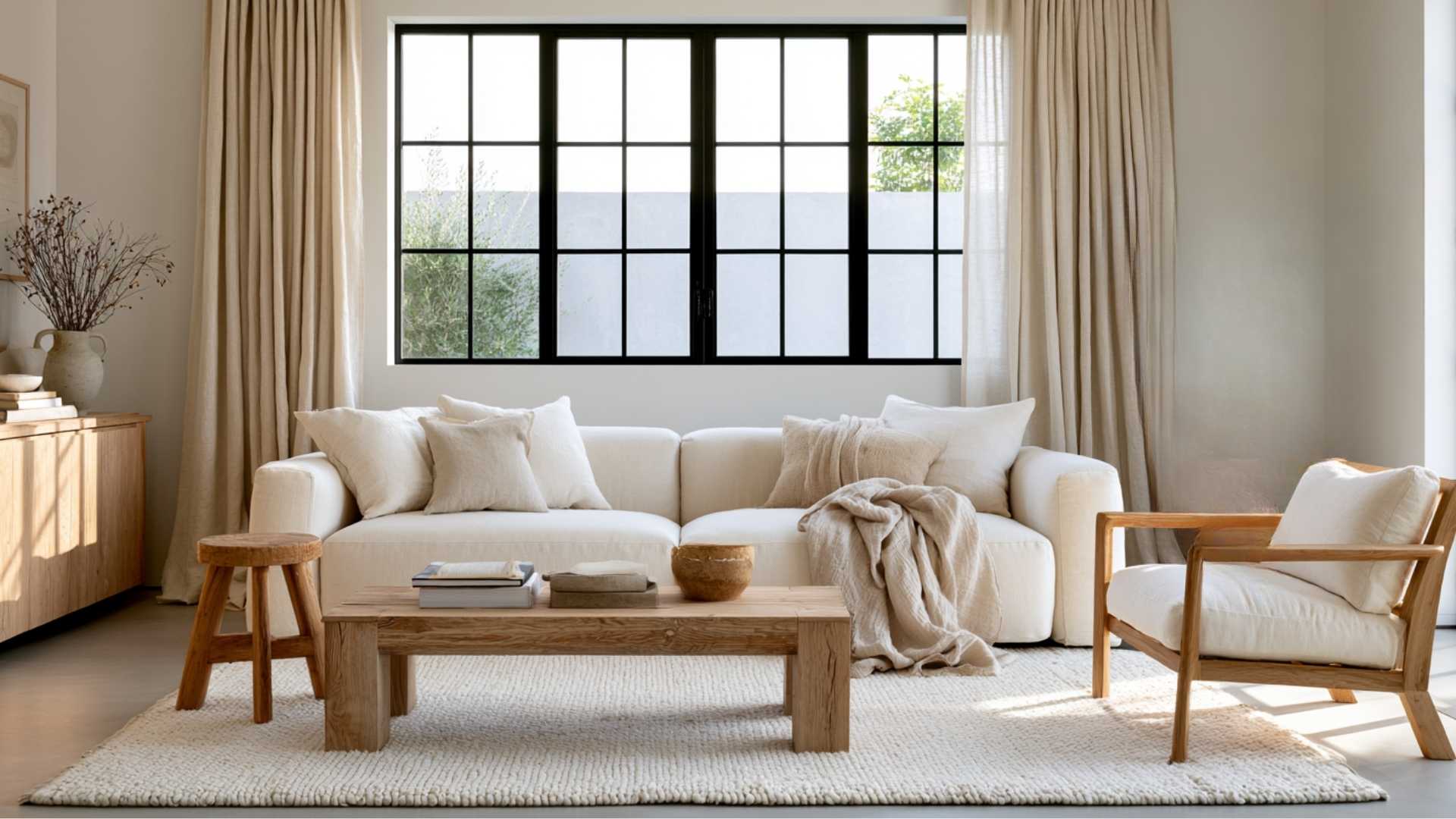 Beige back tab curtains framing a black steel window in a bright Scandinavian-style living room