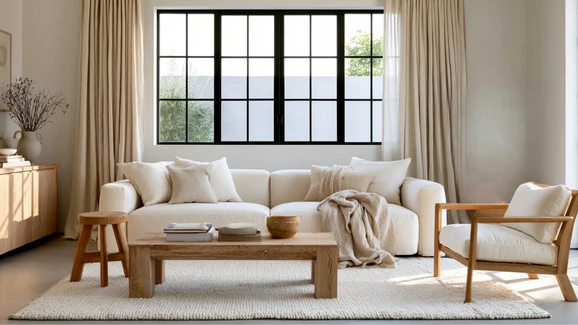 Beige back tab curtains framing a black steel window in a bright Scandinavian-style living room
