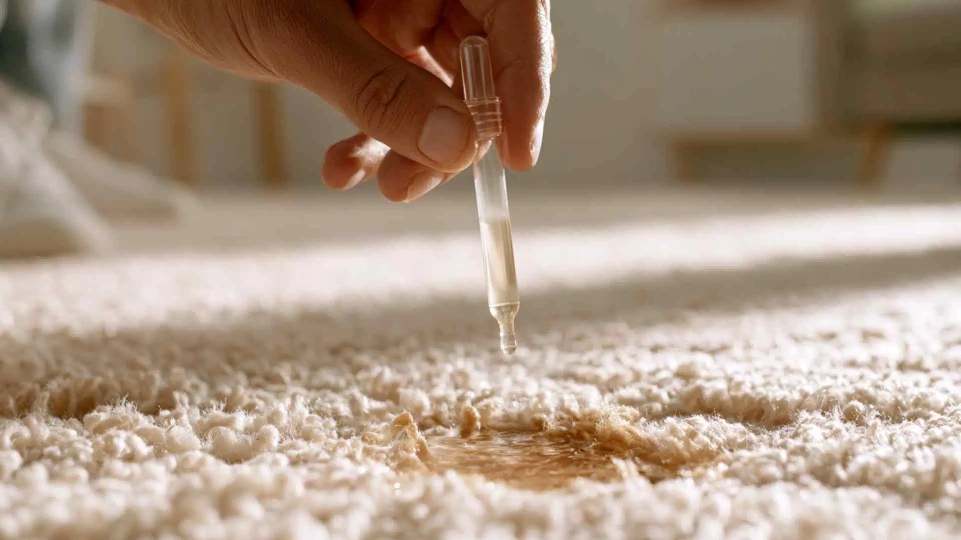 Hand applying hydrogen peroxide to carpet stain lifting coffee or wine marks with careful spot cleaning treatment