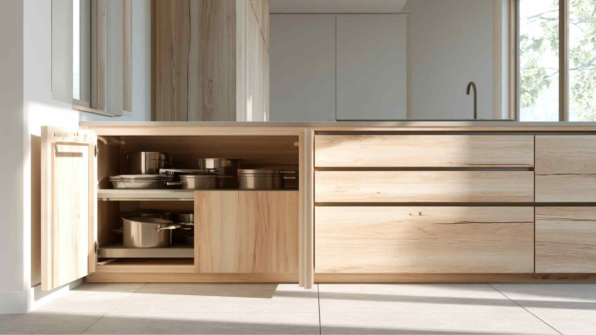 Modern kitchen showing base cabinets with cookware storage and sink setup in a clean, bright minimalist space