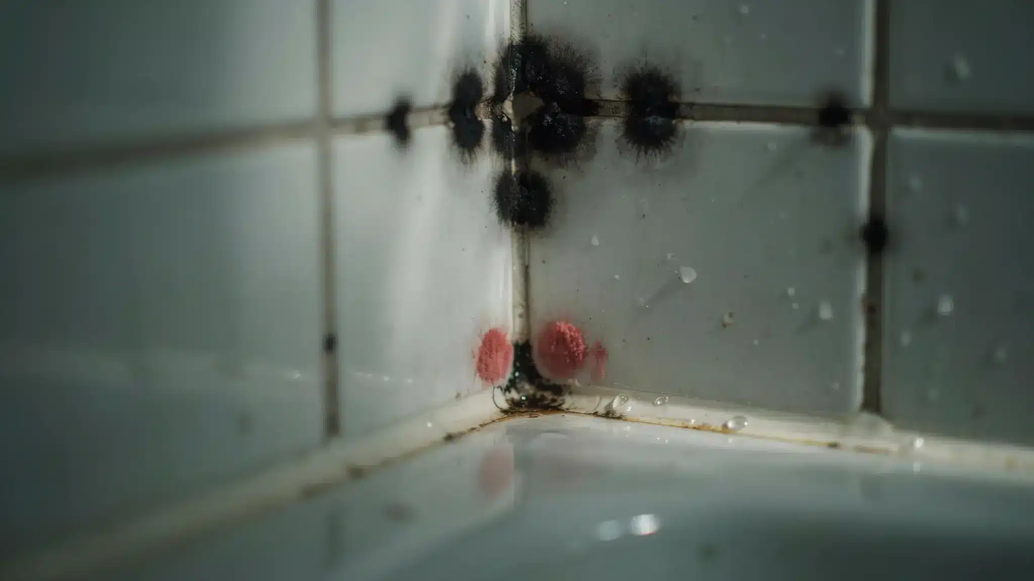 Black mold growing in the corner of bathroom tile grout with visible moisture and mildew buildup on the surface.