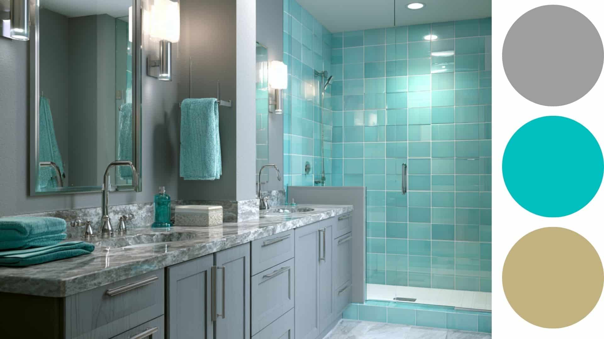 Modern bathroom with turquoise tile shower, marble vanity countertop, and clean spa-style lighting.