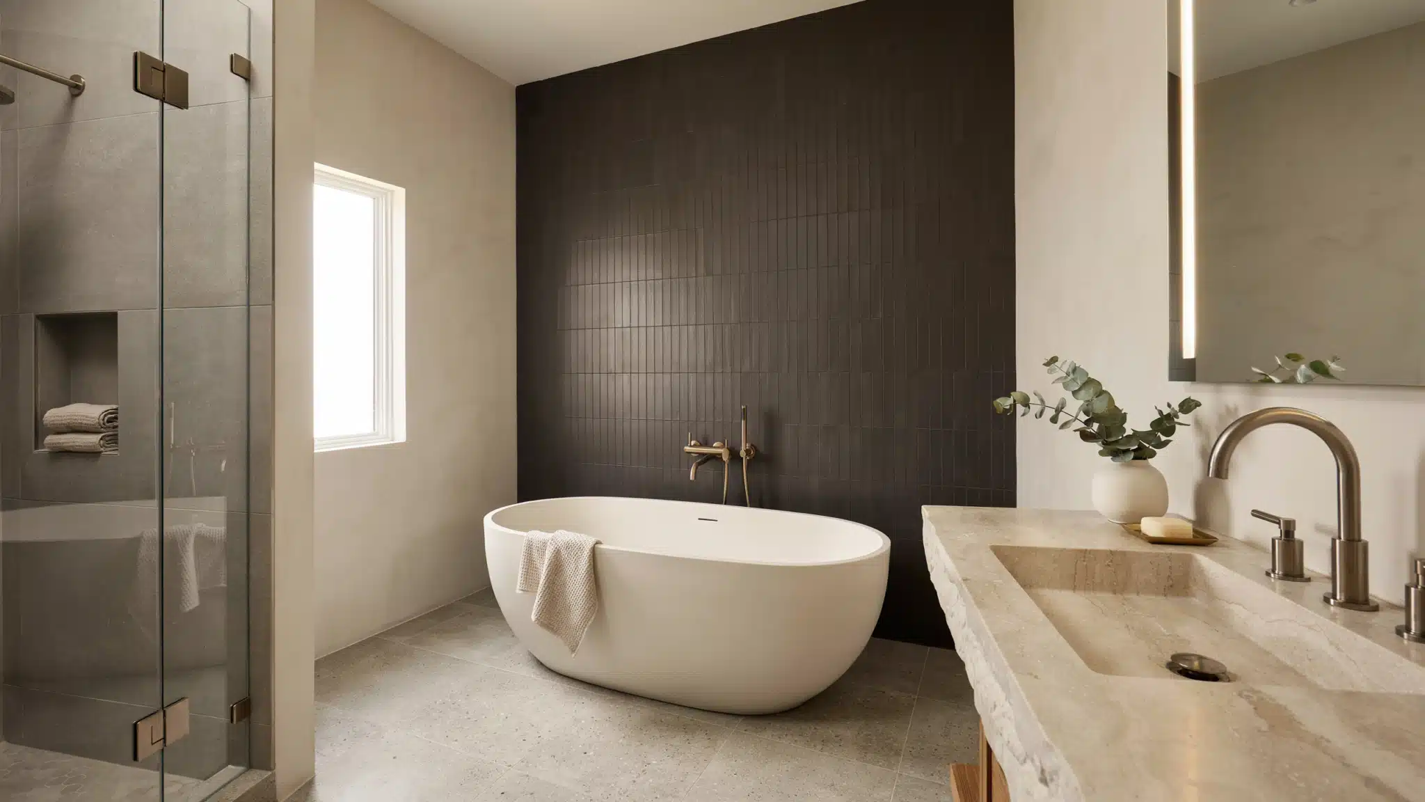 Modern spa bathroom with dark feature wall, freestanding tub, marble vanity and brass fixtureslighting.