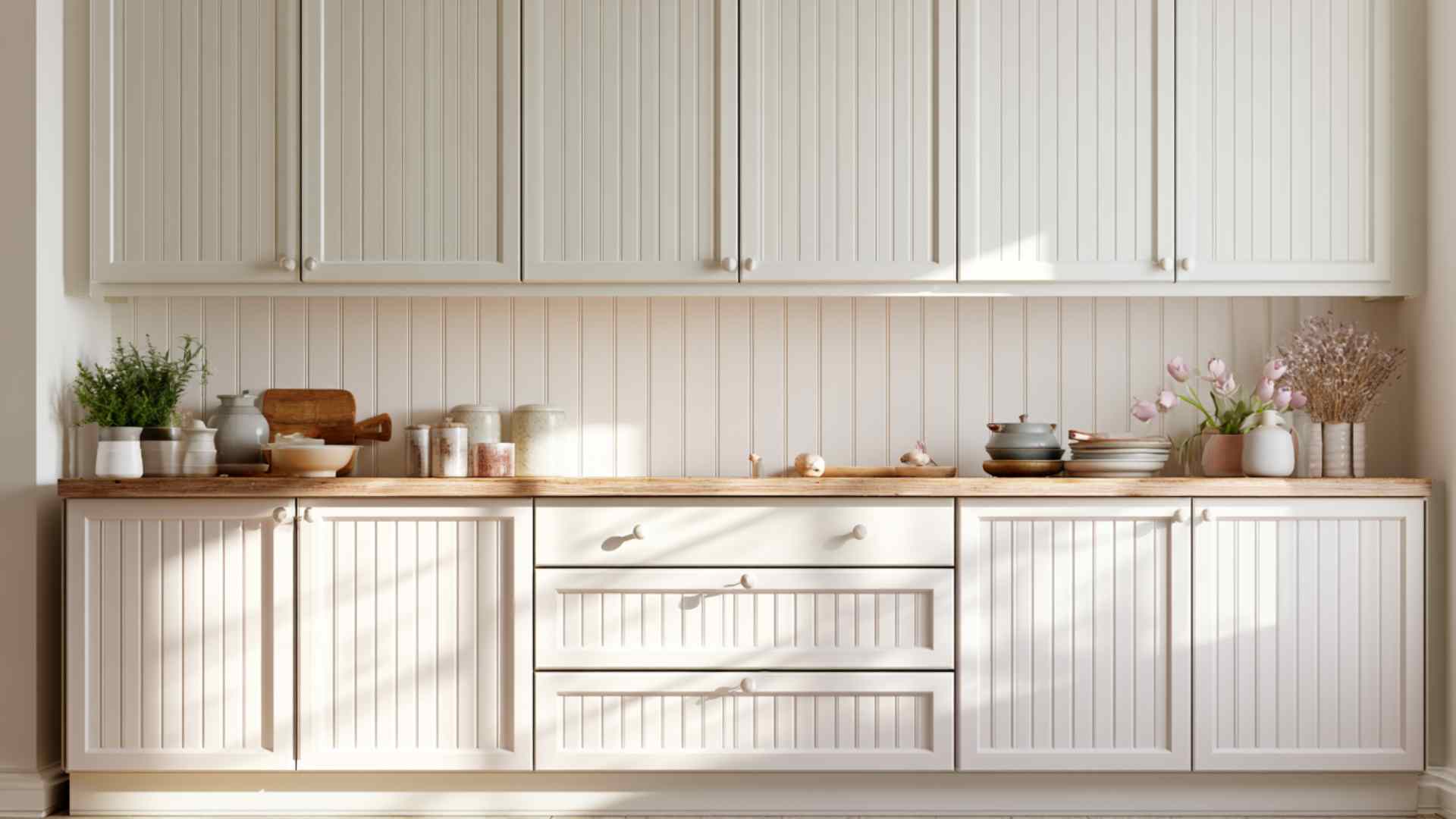 Beadboard kitchen cabinets with vertical grooves in soft white farmhouse style cozy kitchen interior design