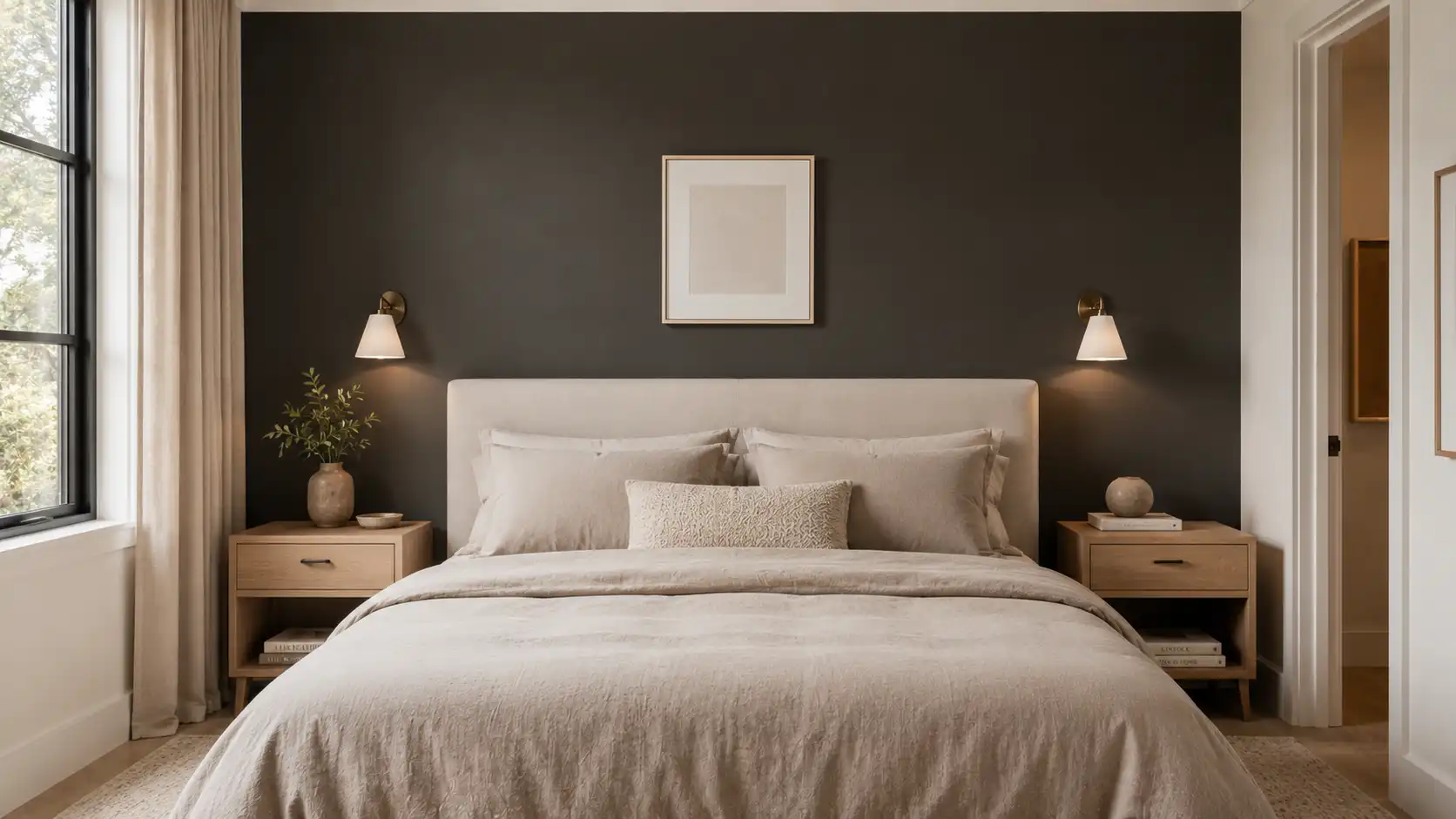 Calm bedroom with deep espresso-charcoal accent wall, taupe linen bedding, light wood nightstands, and soft natural light.