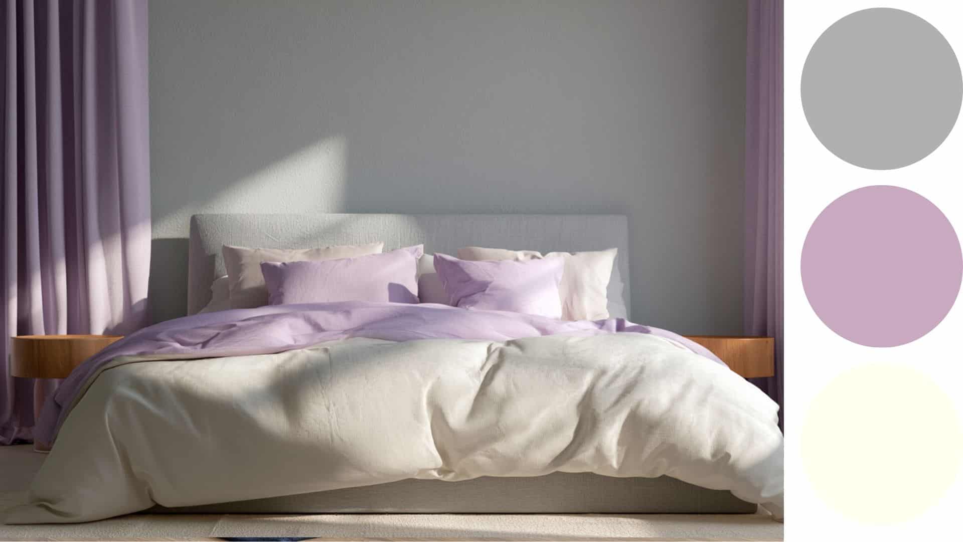 Soft pastel bedroom with layered bedding, neutral walls, and warm sunlight across textured textiles.