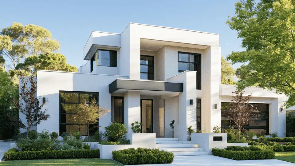 Freshly painted modern house exterior with smooth, uniform finish and clean architectural design under natural daylight.