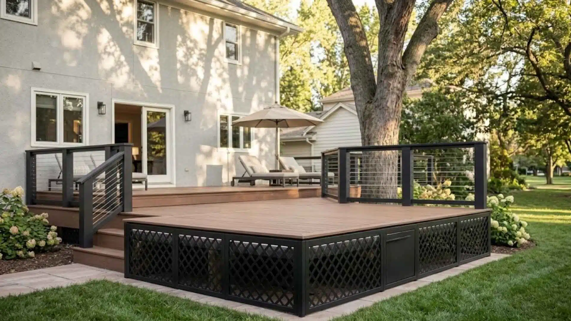 Modern multi-level wooden deck with black vinyl lattice skirting, steel cable railings, and backyard lawn.
