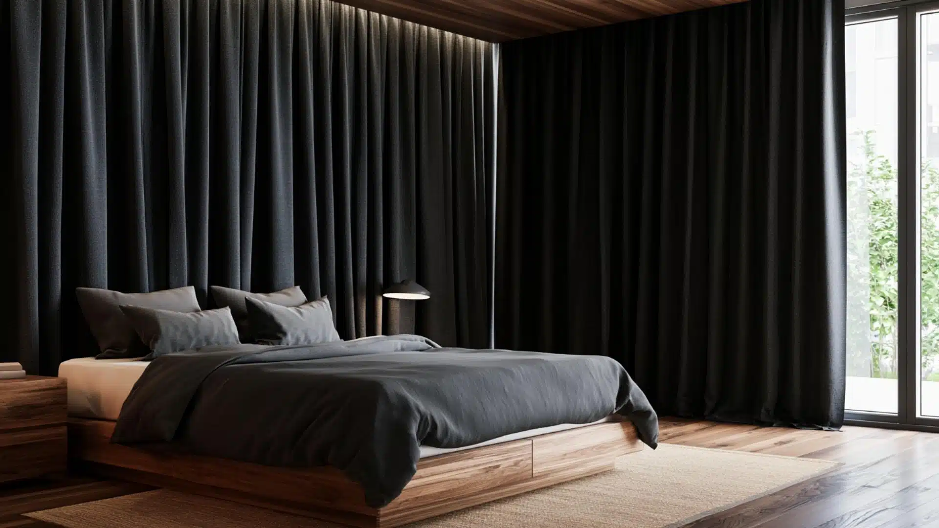 Floor-to-ceiling charcoal blackout curtains wrapped around a dark modern bedroom with wooden platform bed
