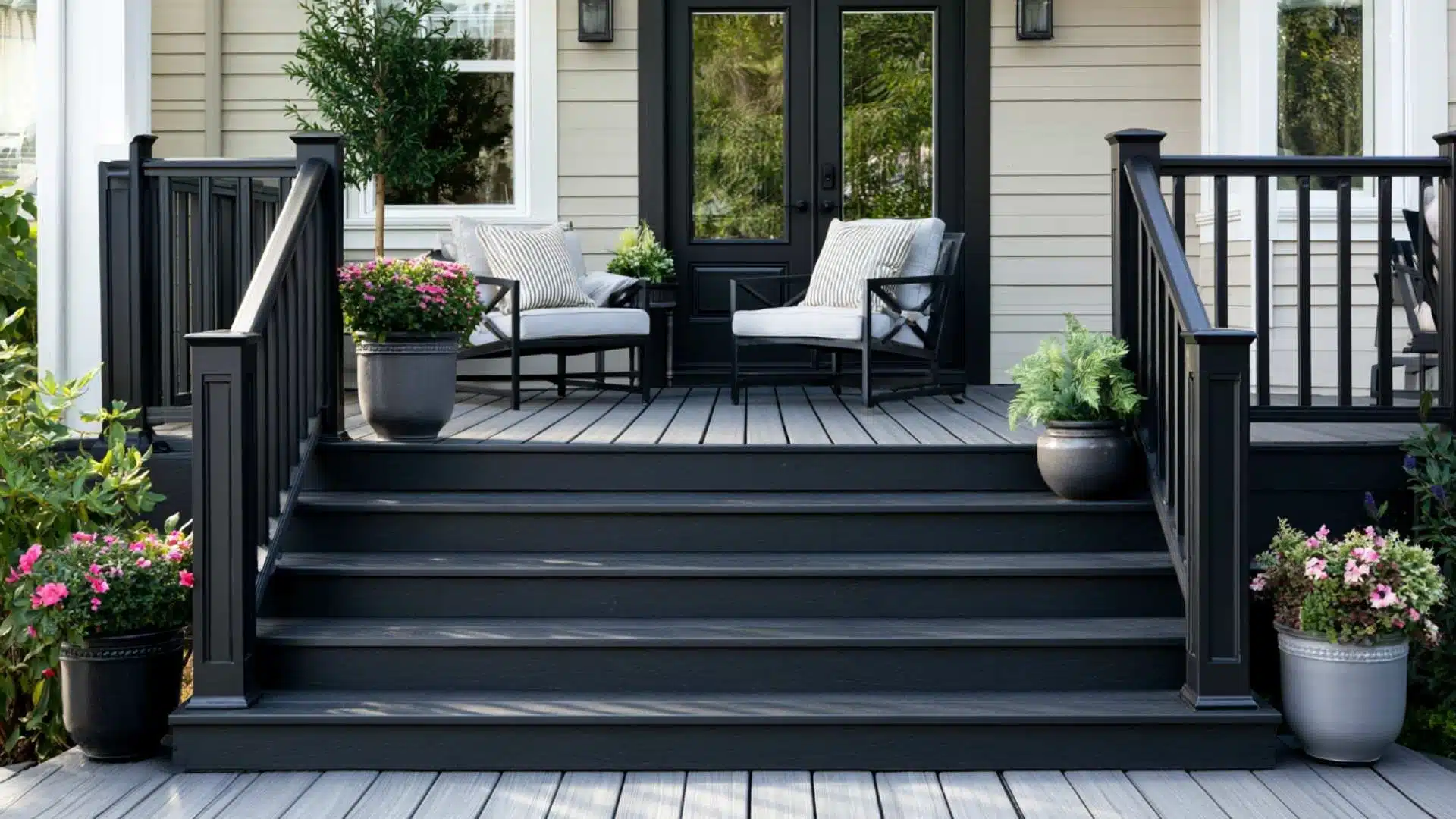 Black painted horizontal deck skirting with matching stair risers and railing trim