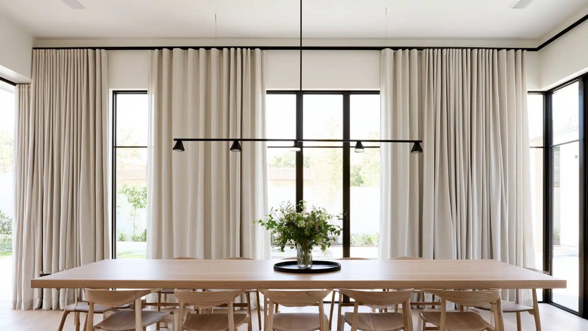 Cream box pleat curtains in a minimalist dining room with black pendant light and wooden table
