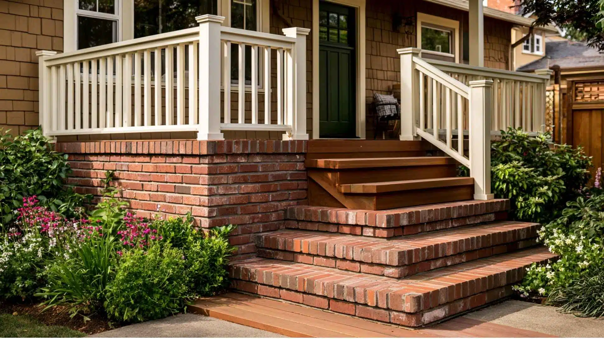 Red brick skirting wrapping around deck base, matching brick porch steps and railing.