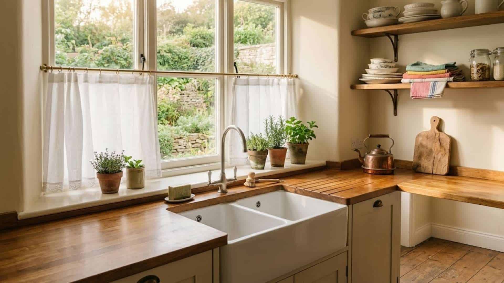 White linen cafe curtains on a brass rod covering the lower half of a cottage kitchen window with herb pots