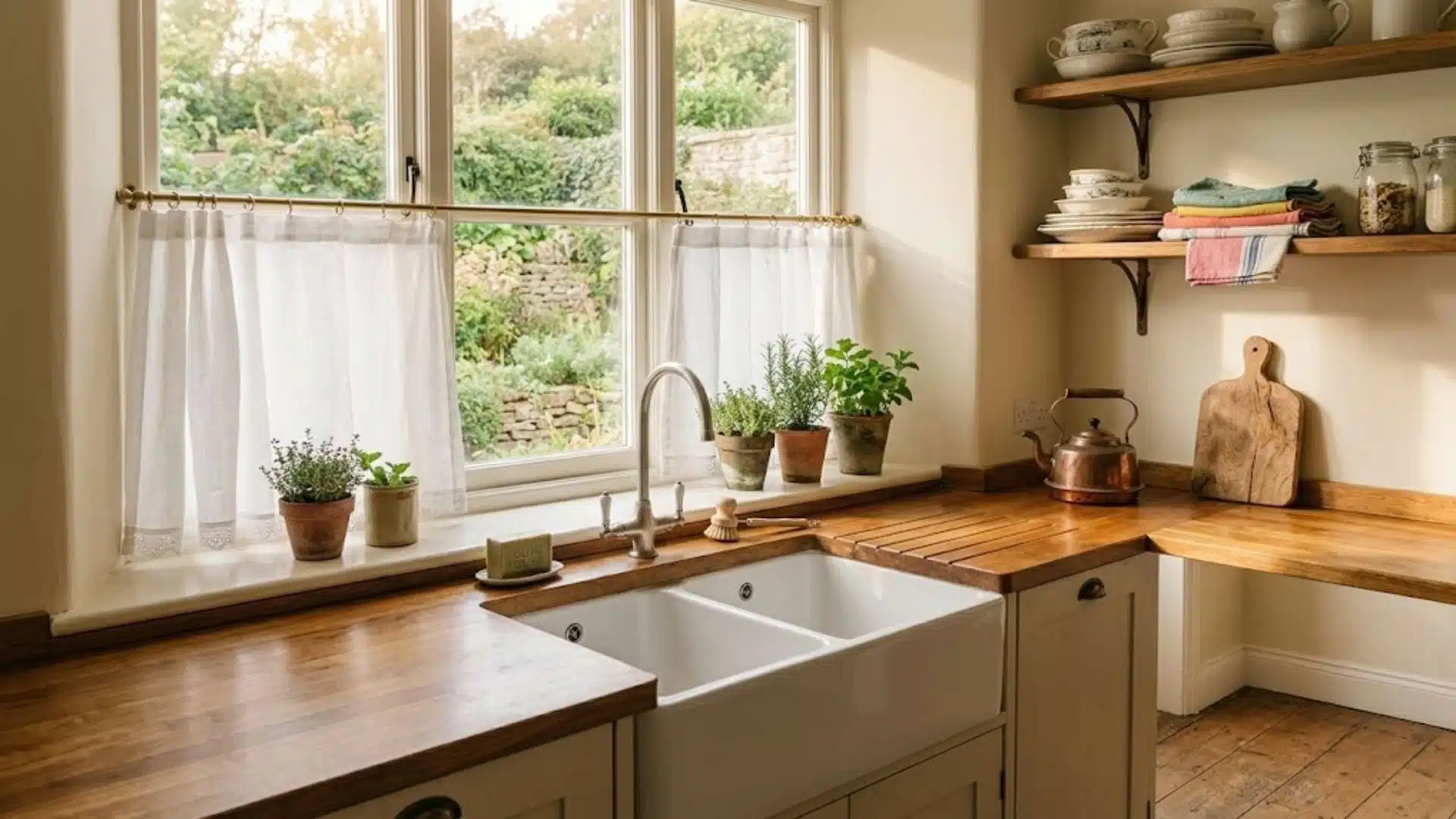 White linen cafe curtains on a brass rod covering the lower half of a cottage kitchen window with herb pots