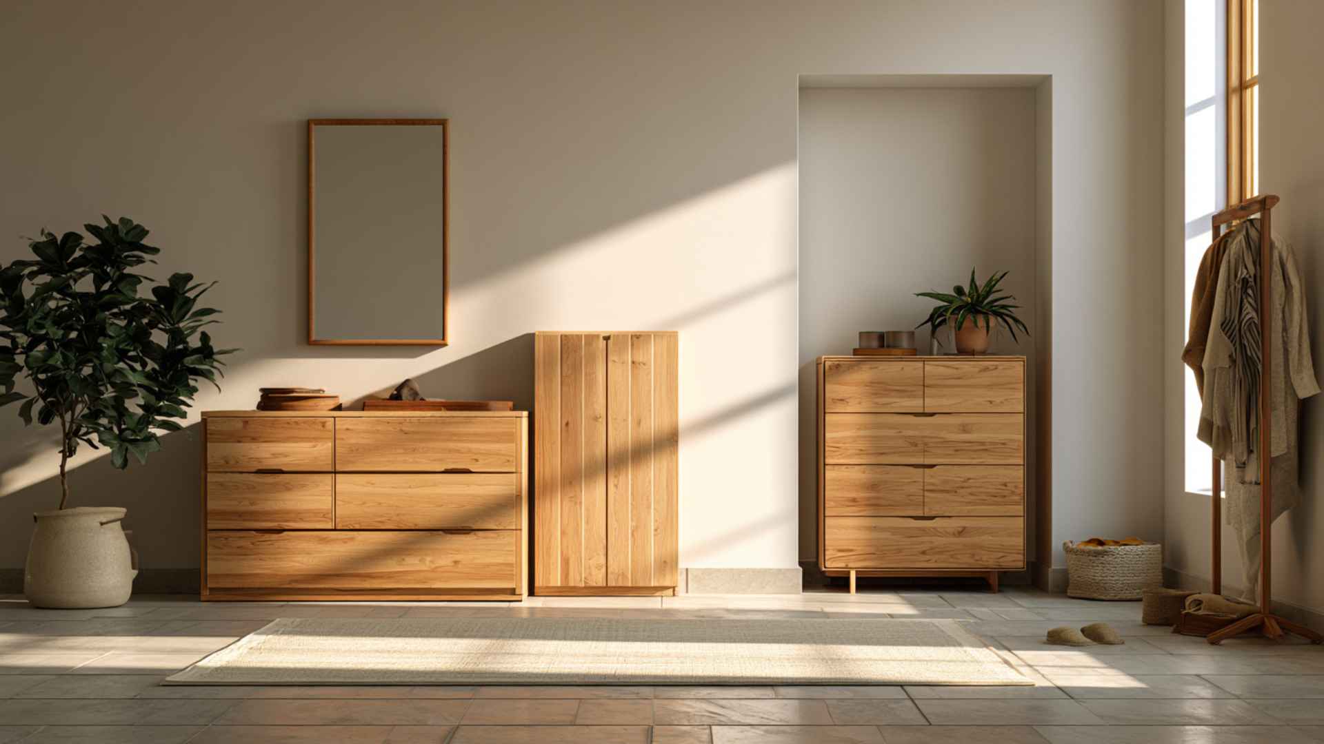 Shared bedroom layout using dresser for daily clothes and chest of drawers for extra storage