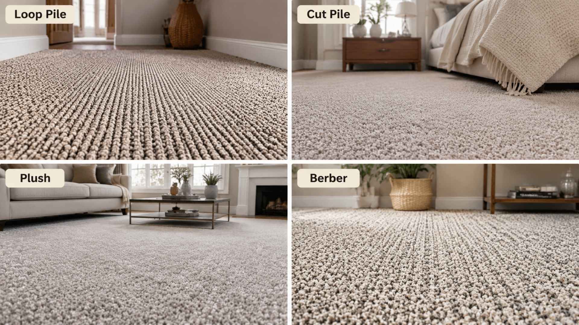Four-panel collage of carpet styles showing loop, cut, plush, and berber textures in interiors