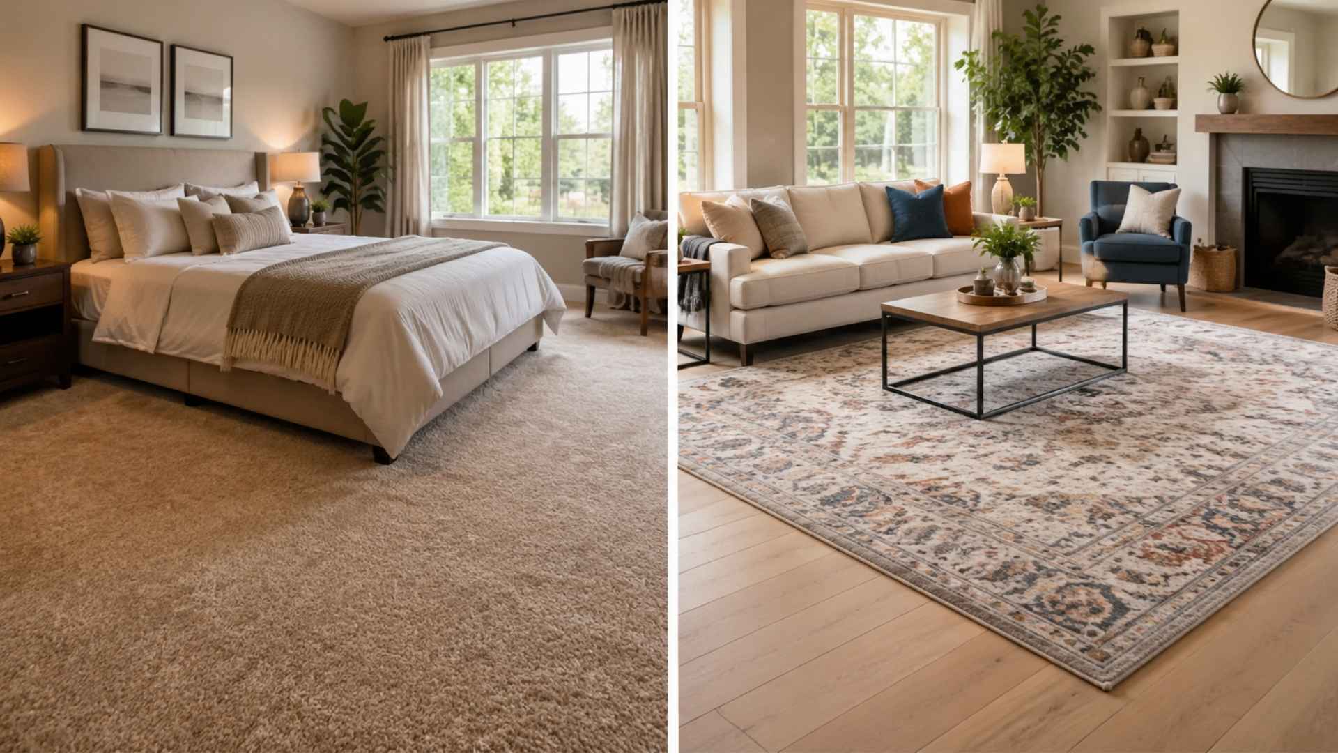 Split interior view showing carpeted bedroom on left and living room with area rug on right.