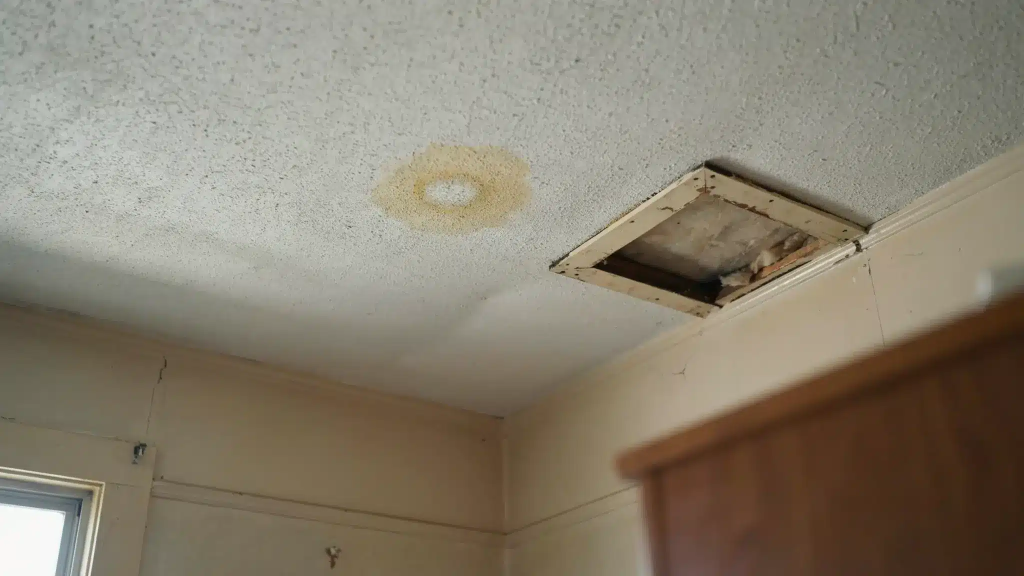 Yellow water stain ring on a textured ceiling beneath an open attic access in a slightly worn