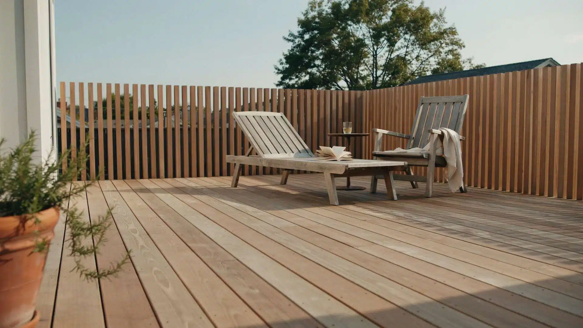 horizontal cedar slat privacy screen beside a wood deck with lounge chairs and planters