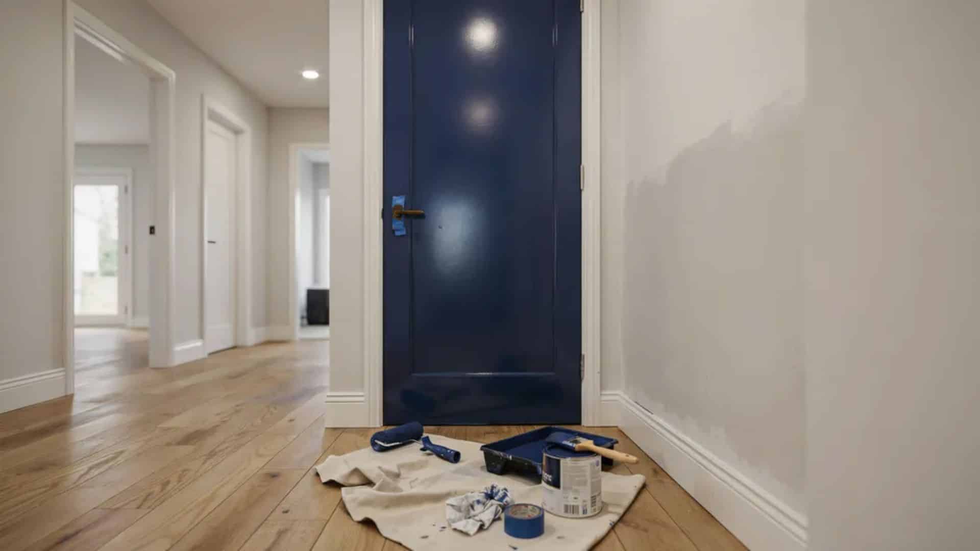 Interior hallway showing door being painted with semi gloss finish and surrounding space visible for clear context