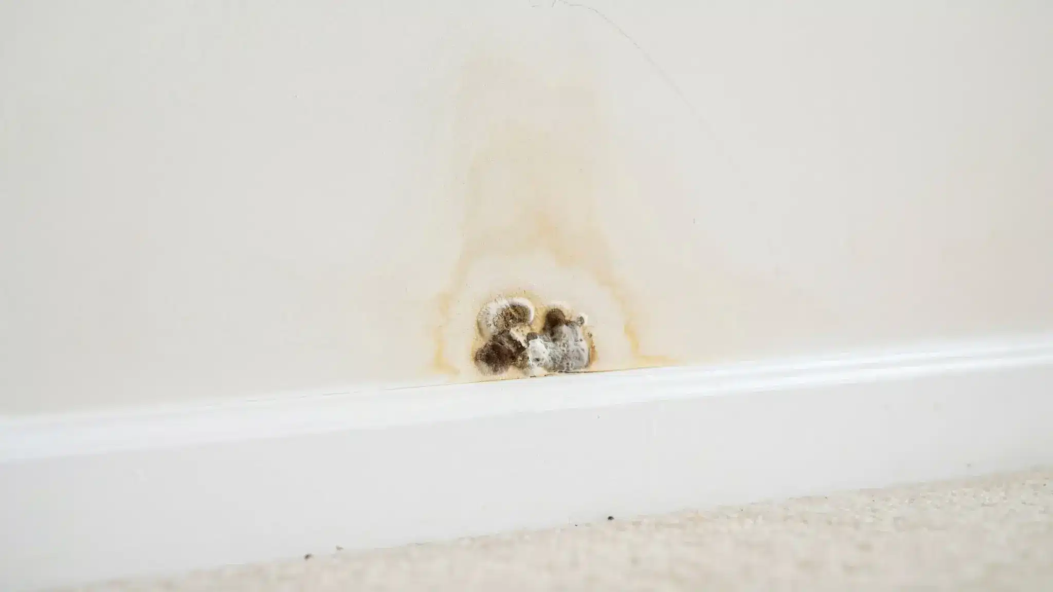 Black mold growing above a white baseboard with yellow moisture stains on the wall caused by a hidden water leak.