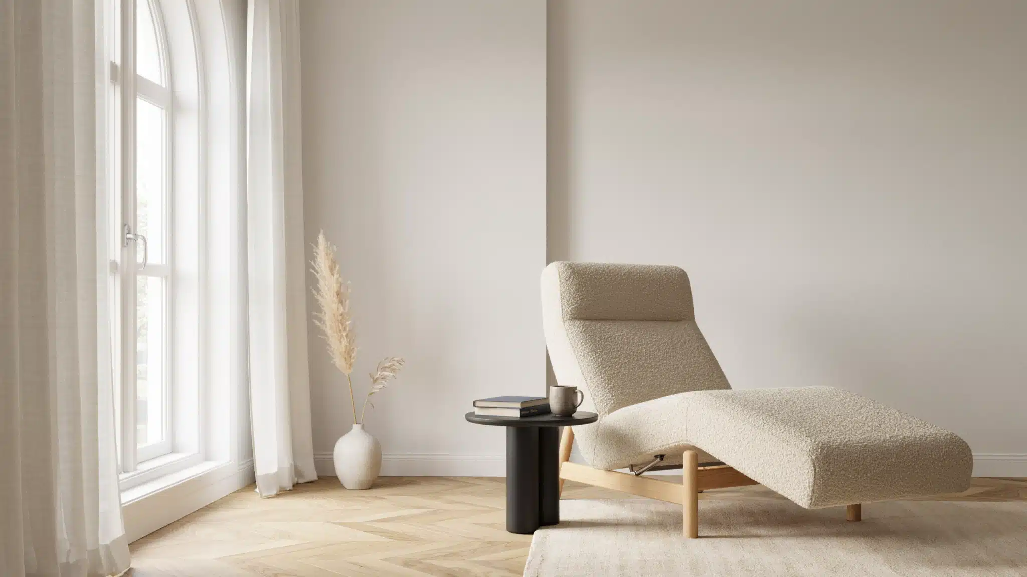 Chaise recliner chair extended seating design supporting full leg stretch in minimalist roominterior.
