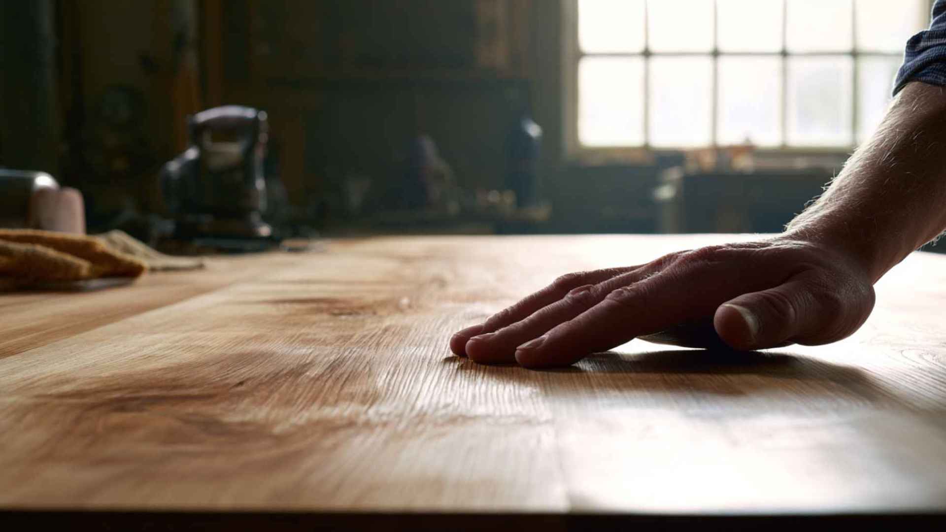 Hand feeling wood surface to check smoothness and remaining sealer in workshop lighting
