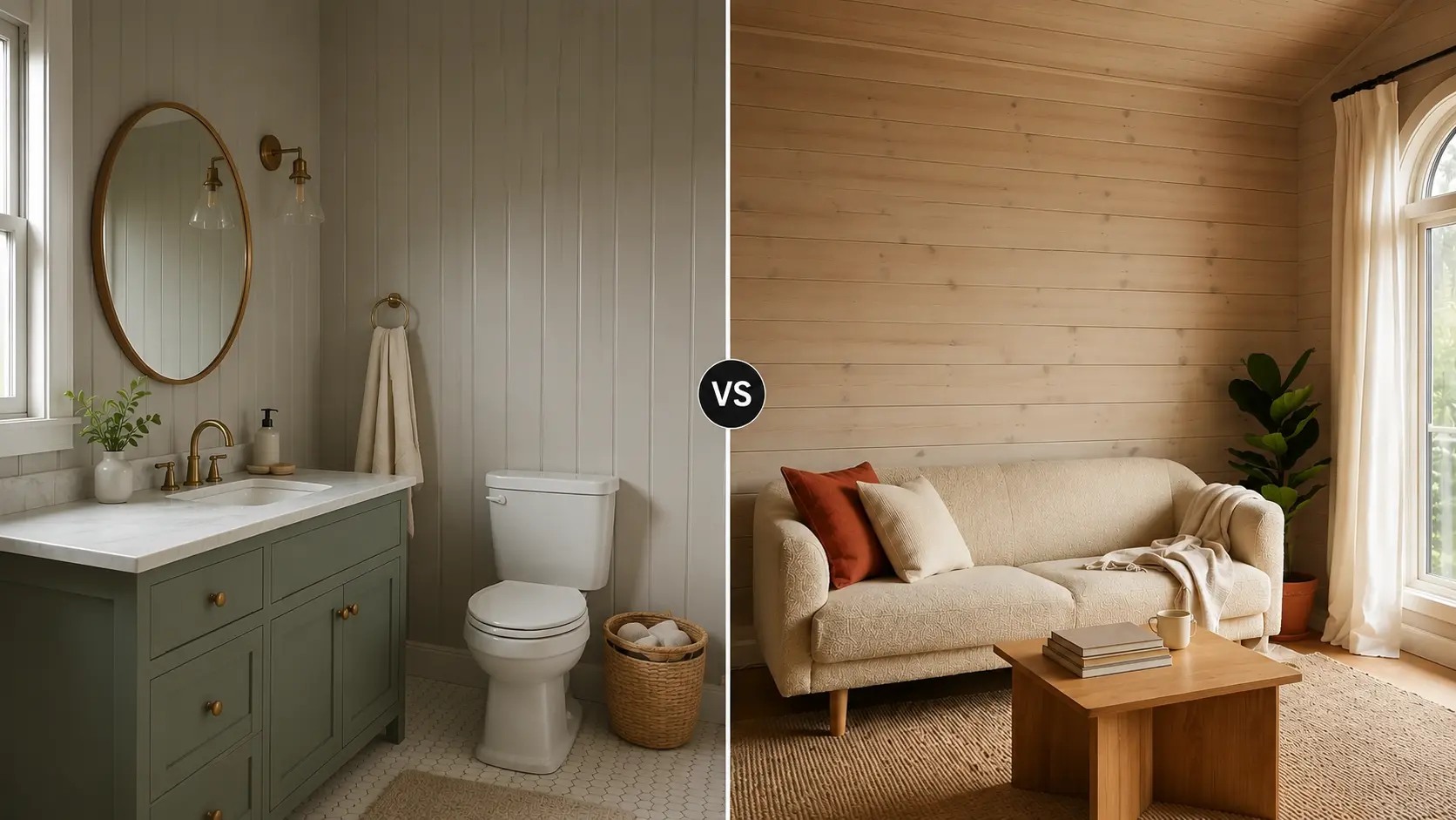 Split view of shiplap bathroom and tongue-and-groove living room showing contrast between rustic and seamless wall base
