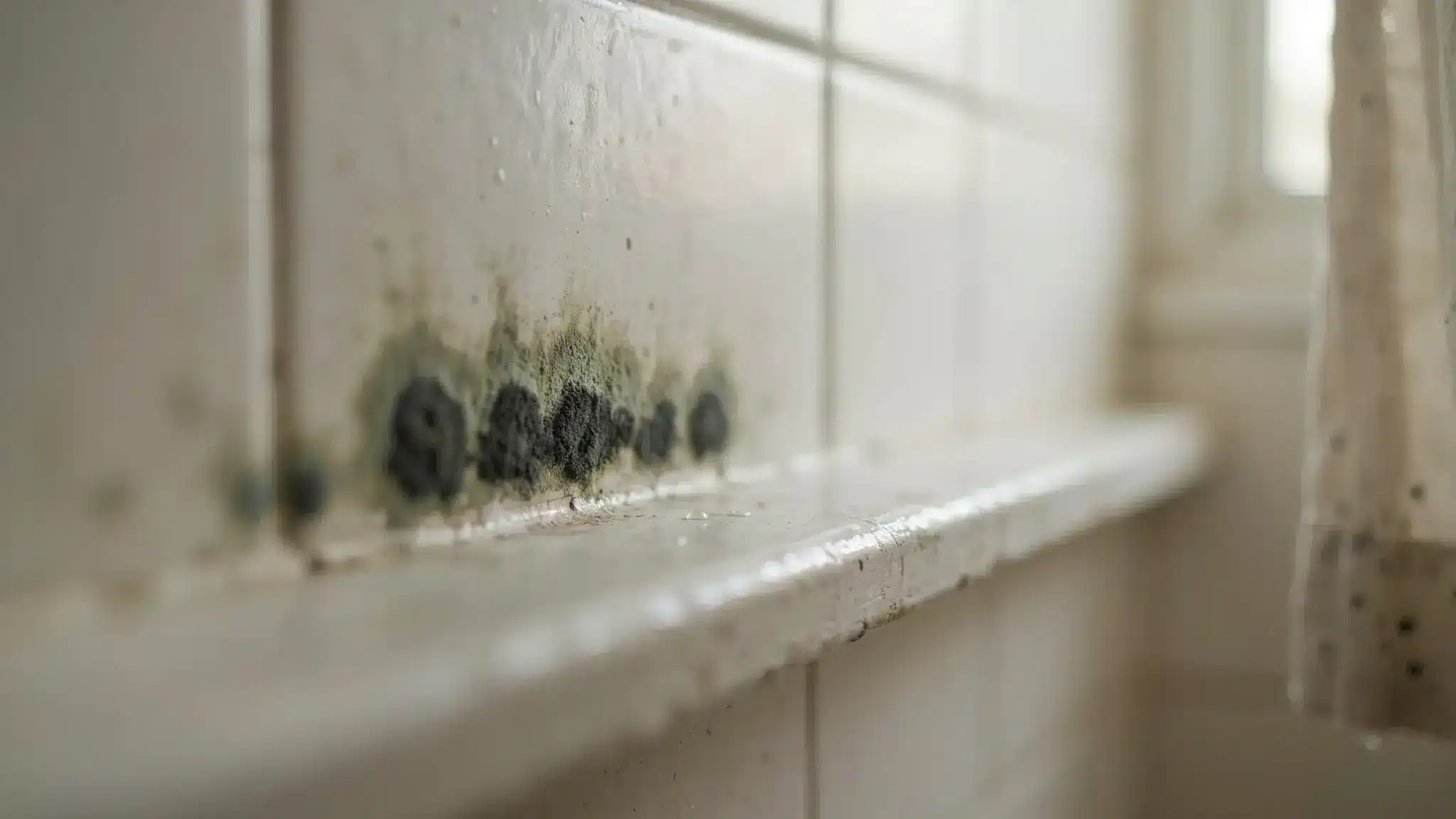 Olive-green to black, suede-textured mold growing along bathroom grout lines and window sill edges.