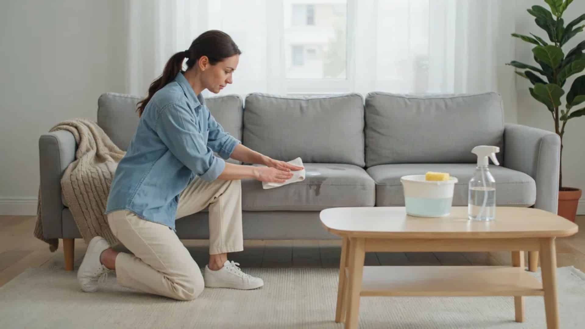 Woman in light blue shirt gently cleaning non removable couch cushion on sofa with damp cloth in bright living room