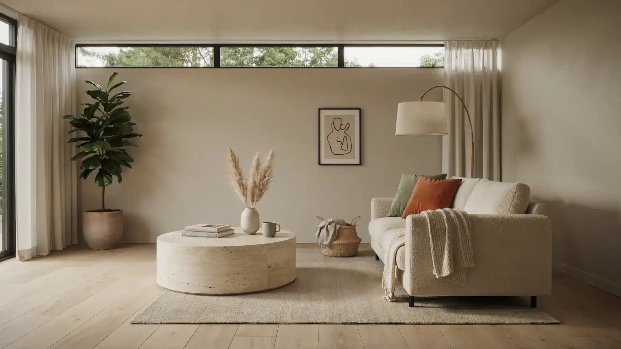 A modern living room with a clerestory window near the ceiling casting soft natural light across the space.