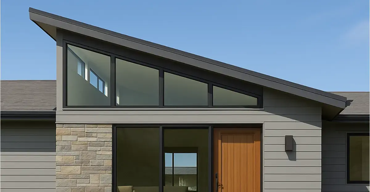 Shed roof exterior showing angled clerestory windows above a front door with stone accent wall