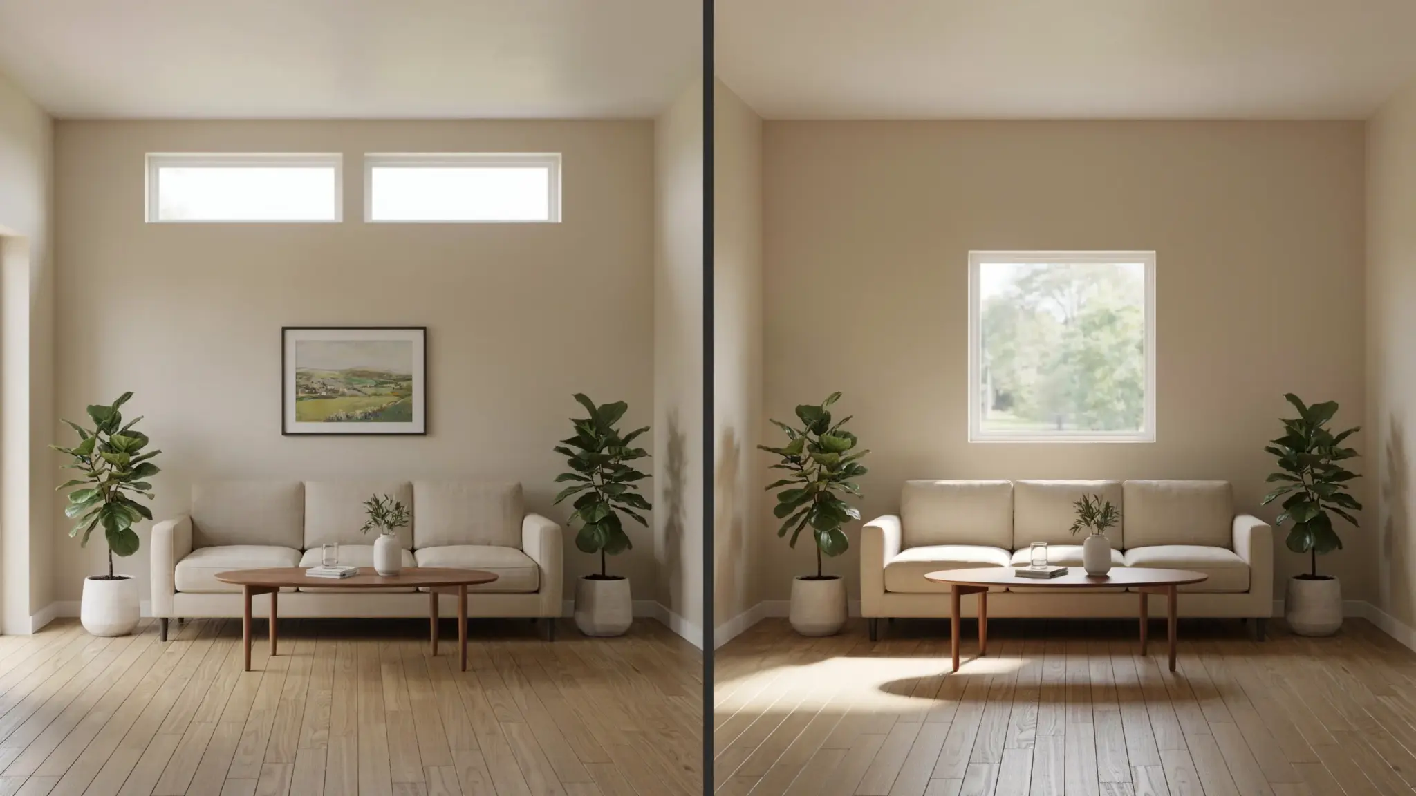 Two living rooms side by side: clerestory windows high on the wall versus a standard eye-level window.