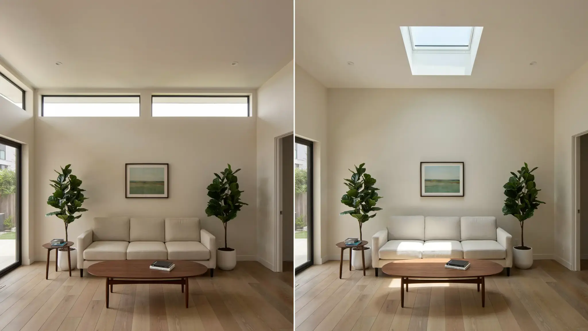 Two living rooms compared: clerestory windows high on the wall versus a skylight casting overhead light from the ceiling.