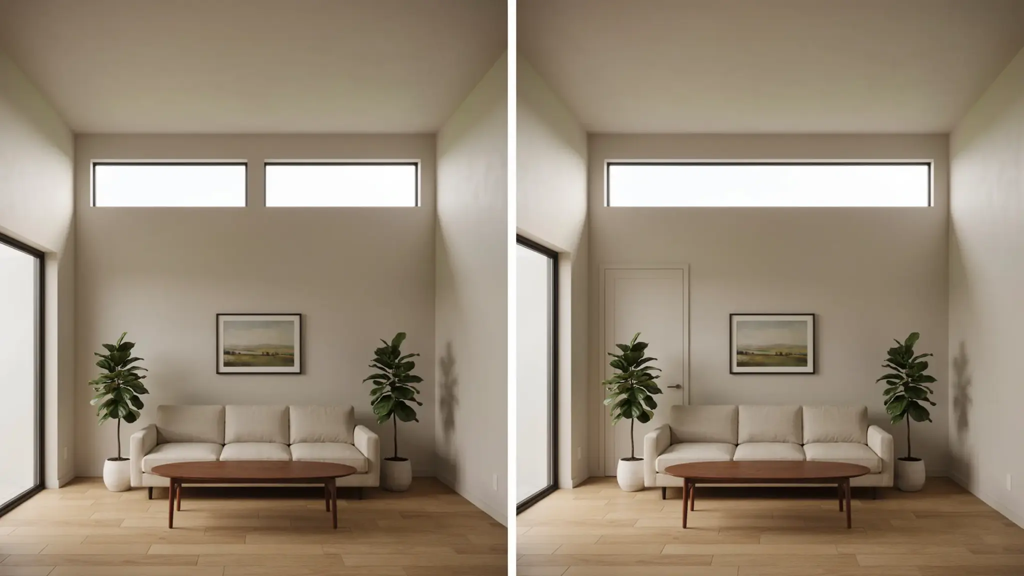 Two living rooms compared: clerestory windows high on the wall versus a narrow transom window above an interior door.